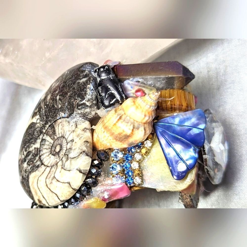 Wendy Gell Wristy, Ammonite Fossil ,shells, tiny black cat Swarovski headlight.